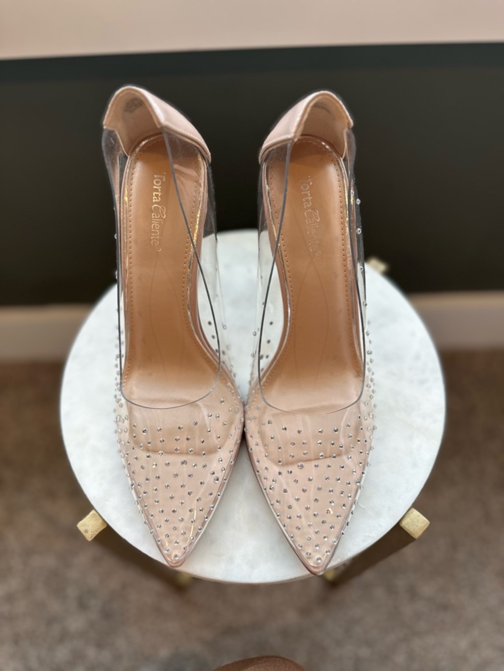 Crystal Studded Nude Pointed Toe Pumps by